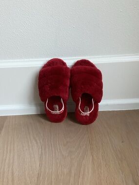 UGG Kids Red Fluff Slide Sandals